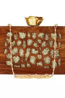 Anekaant Timber Sequins Wooden Party Clutch Bag Brown