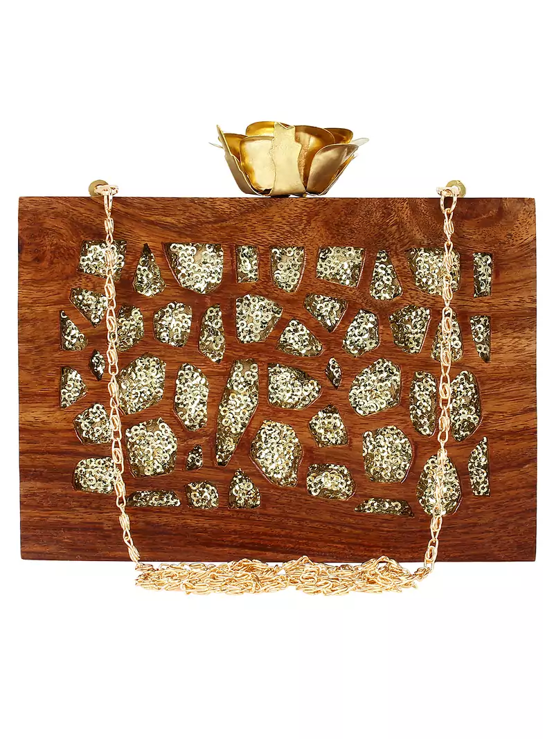 Anekaant Timber Sequins Wooden Party Clutch Bag Brown