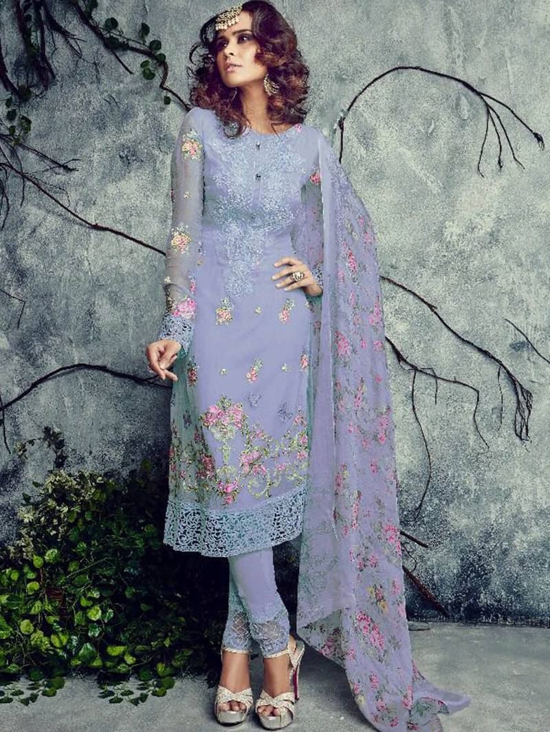 Light Blue Lavender Embroidered Georgette Semi Stitched Suit with Dupatta