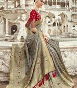 Grey Woven Silk Blend Saree With Blouse