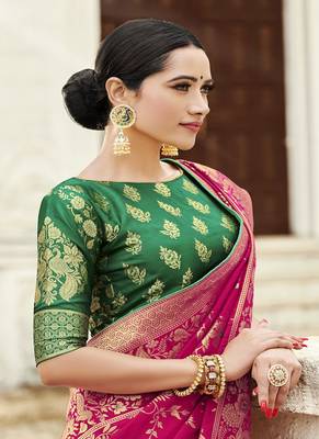 Magenta woven banarasi silk blend saree with blouse 2