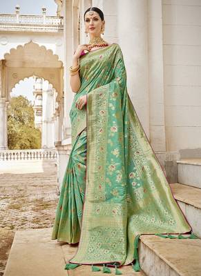 Light Green Woven Silk Blend Saree With Blouse 1