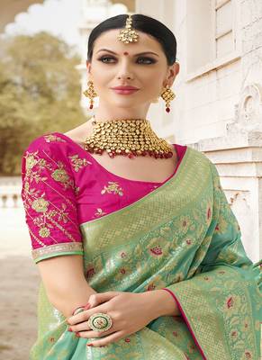 Light Green Woven Silk Blend Saree With Blouse 2