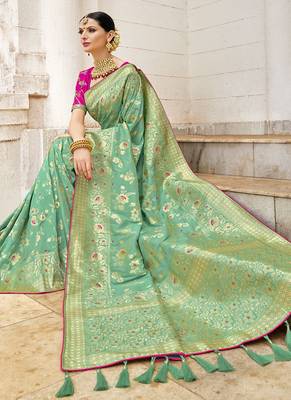 Light Green Woven Silk Blend Saree With Blouse 3