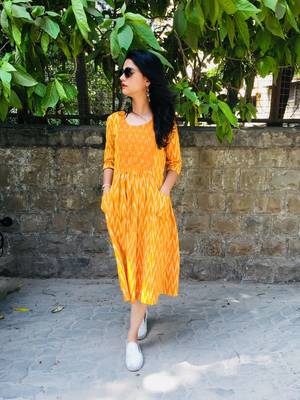 Mustard and white handwoven ikat dress 1