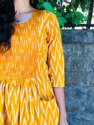 Mustard and white handwoven ikat dress 3