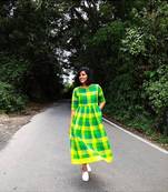 Green and yellow buffalo gingham cotton dress with back buttons.