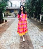 Pink and yellow buffalo gingham cotton dress with back buttons.