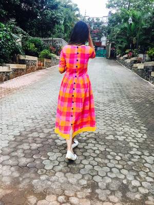Pink and yellow buffalo gingham cotton dress with back buttons. 2