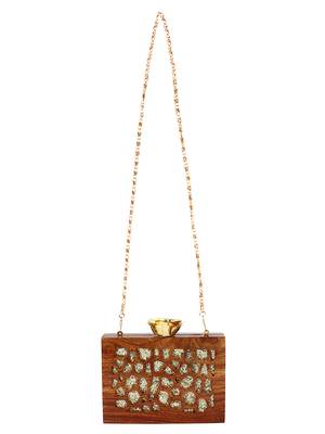Anekaant Timber Sequins Wooden Party Clutch Bag Brown 4