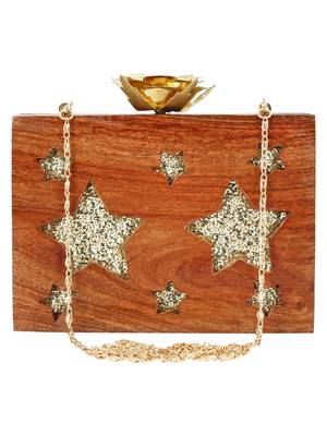 Anekaant Timber Star Sequins Wooden Party Clutch Bag Brown 1