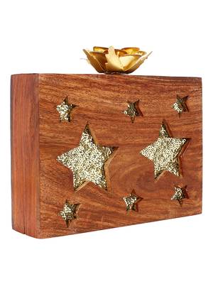 Anekaant Timber Star Sequins Wooden Party Clutch Bag Brown 2