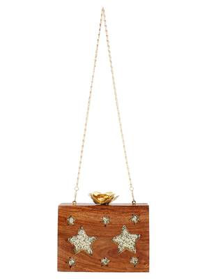 Anekaant Timber Star Sequins Wooden Party Clutch Bag Brown 4