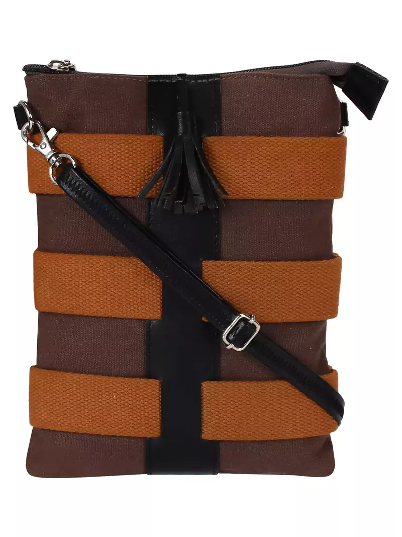 Anekaant Twine Striped Canvas Sling Bag Brown