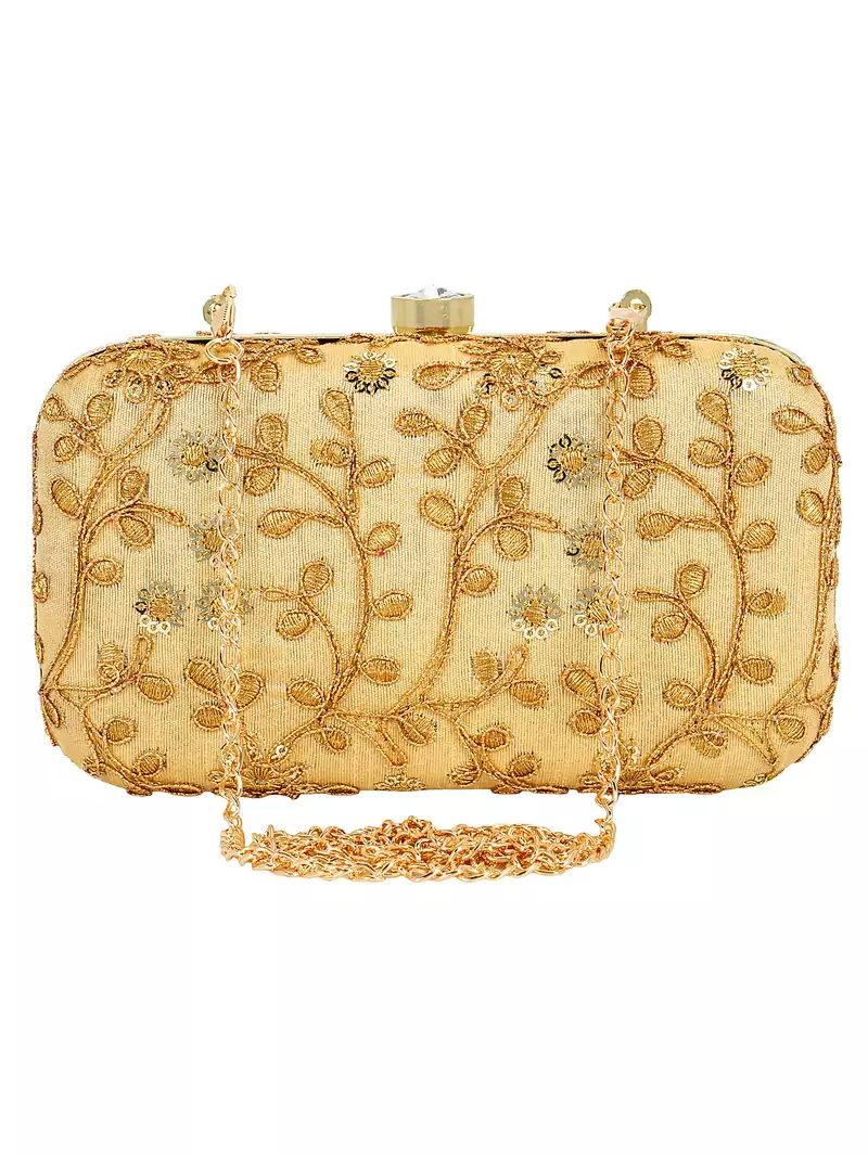 Anekaant Ethnique Embroidered Party Clutch Bag Beige & Gold
