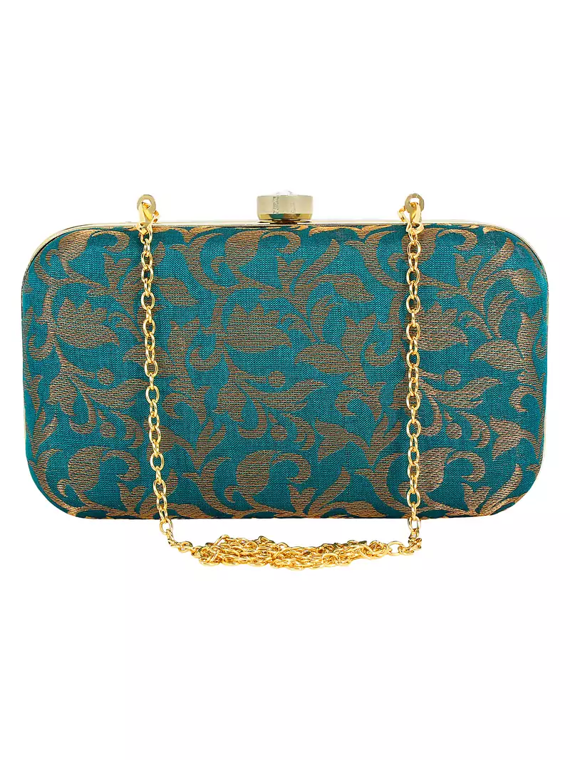Anekaant Ethnique Embroidered Party Clutch Bag See Green & Gold