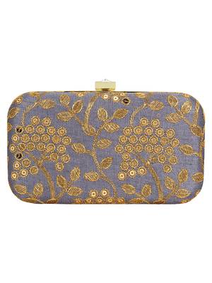 Anekaant Ethnique Embroidered Party Clutch Bag Grey & Gold 1