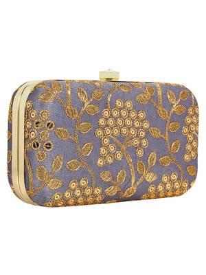 Anekaant Ethnique Embroidered Party Clutch Bag Grey & Gold 2