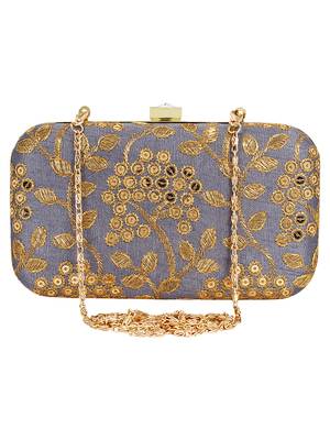 Anekaant Ethnique Embroidered Party Clutch Bag Grey & Gold 3