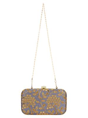 Anekaant Ethnique Embroidered Party Clutch Bag Grey & Gold 4