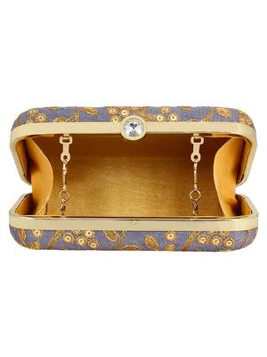 Anekaant Ethnique Embroidered Party Clutch Bag Grey & Gold 5