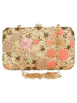Anekaant Ethnique Embroidered Party Clutch Bag Beige & Multi 1