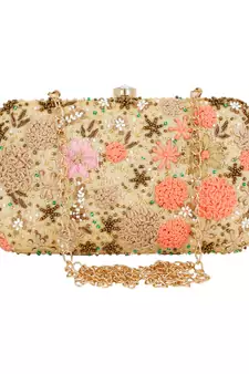 Anekaant Ethnique Embroidered Party Clutch Bag Beige & Multi