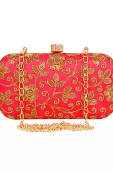 Anekaant Ethnique Embroidered Party Clutch Bag Pink & Gold