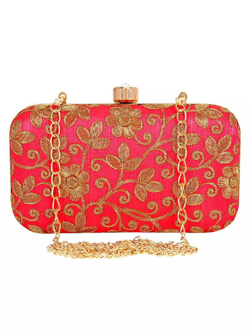 Anekaant Ethnique Embroidered Party Clutch Bag Pink & Gold