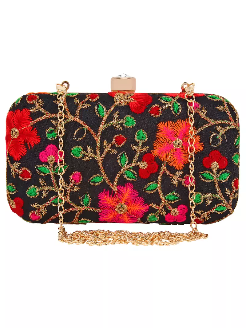 Anekaant Ethnique Embroidered Party Clutch Bag Black & Multi