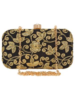 Anekaant Ethnique Embroidered Party Clutch Bag Black & Gold 1