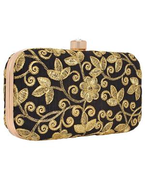 Anekaant Ethnique Embroidered Party Clutch Bag Black & Gold 2