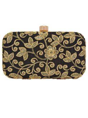 Anekaant Ethnique Embroidered Party Clutch Bag Black & Gold 3