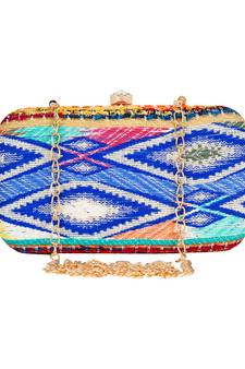 Anekaant Geomet Embroidered Party Clutch Bag Blue & Multi