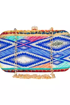 Anekaant Geomet Embroidered Party Clutch Bag Blue & Multi