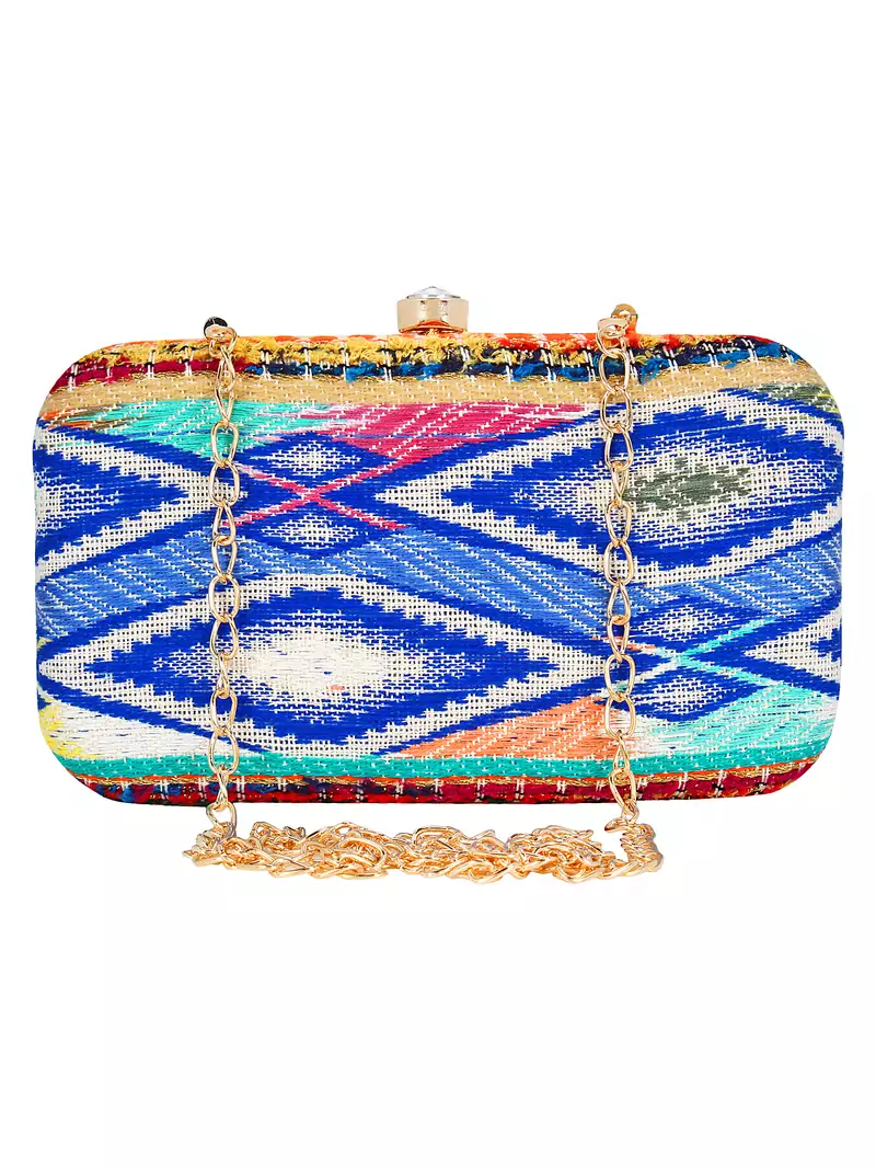 Anekaant Geomet Embroidered Party Clutch Bag Blue & Multi