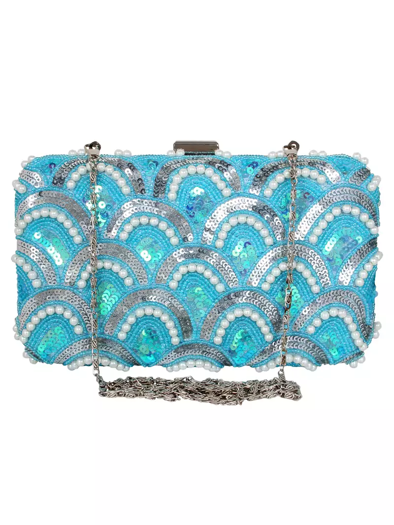 Anekaant Ethnique Embroidered Party Clutch Bag Blue