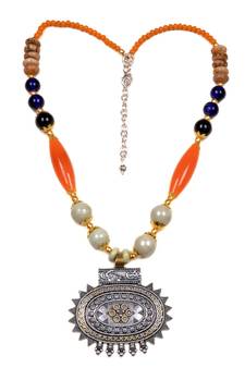 Designer Necklace With German Silver Pendant And Mix Ornaments And Beads Ppbj234