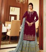 Maroon embroidered georgette palazzo suits