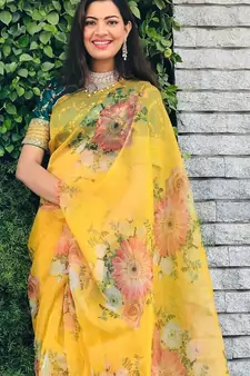 Yellow Floral Digital Printed Saree With Green Embroidered Blouse
