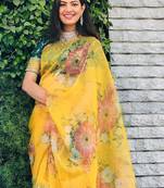 Yellow Floral Digital Printed Saree With Green Embroidered Blouse