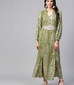 Women's Light Green Animal Print Maxi Dress With Embellished Brotch