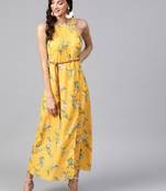 Women's Yellow Floral Strappy Incut Maxi Dress With Belt