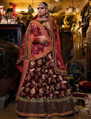  maroon embroidered bridal lehenga set choli with dupatta 1