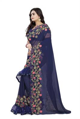 Blue Embroidered Georgette Saree With Blouse 2