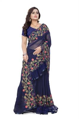 Blue Embroidered Georgette Saree With Blouse 3