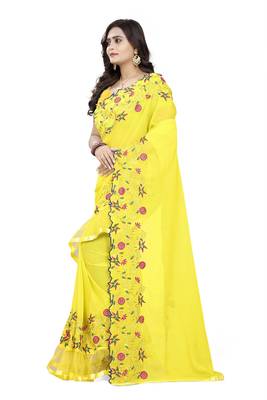 Yellow Embroidered Georgette Saree With Blouse 2