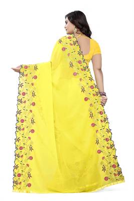 Yellow Embroidered Georgette Saree With Blouse 4