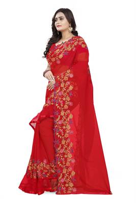 Red Embroidered Georgette Saree With Blouse 2
