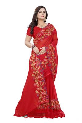 Red Embroidered Georgette Saree With Blouse 3